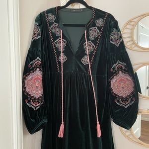 Emerald green embroidered boho swing dress